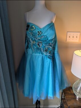 DEB SHOPS Y2K Turquoise Beaded Floral Tulle Party Prom Dress